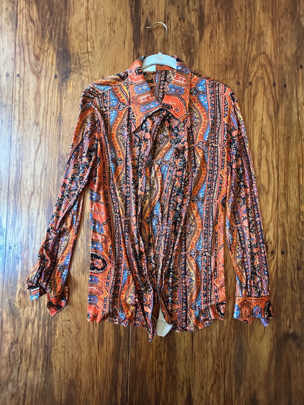 Amazing VINTAGE 70s Roaman’s Orange, Blue, Brown Paisley Persian Print Top